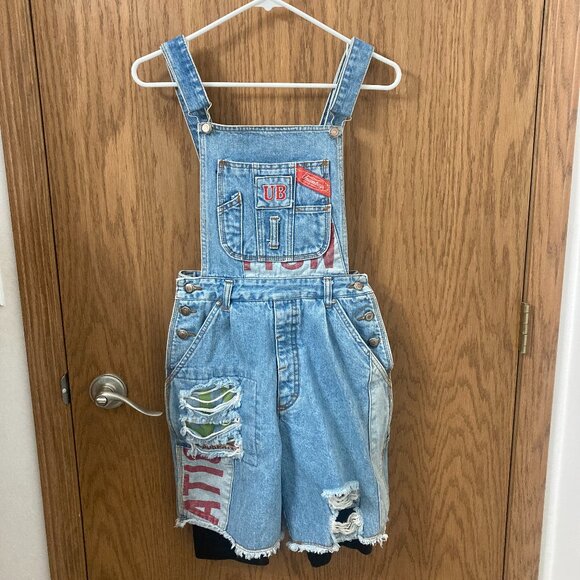 Vintage 90s Unionbay Denim Distressed Short Overalls with Leggings - M - Picture 1 of 9